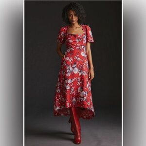 Maeve by Anthropologie Red Floral Puff Sleeve Dress